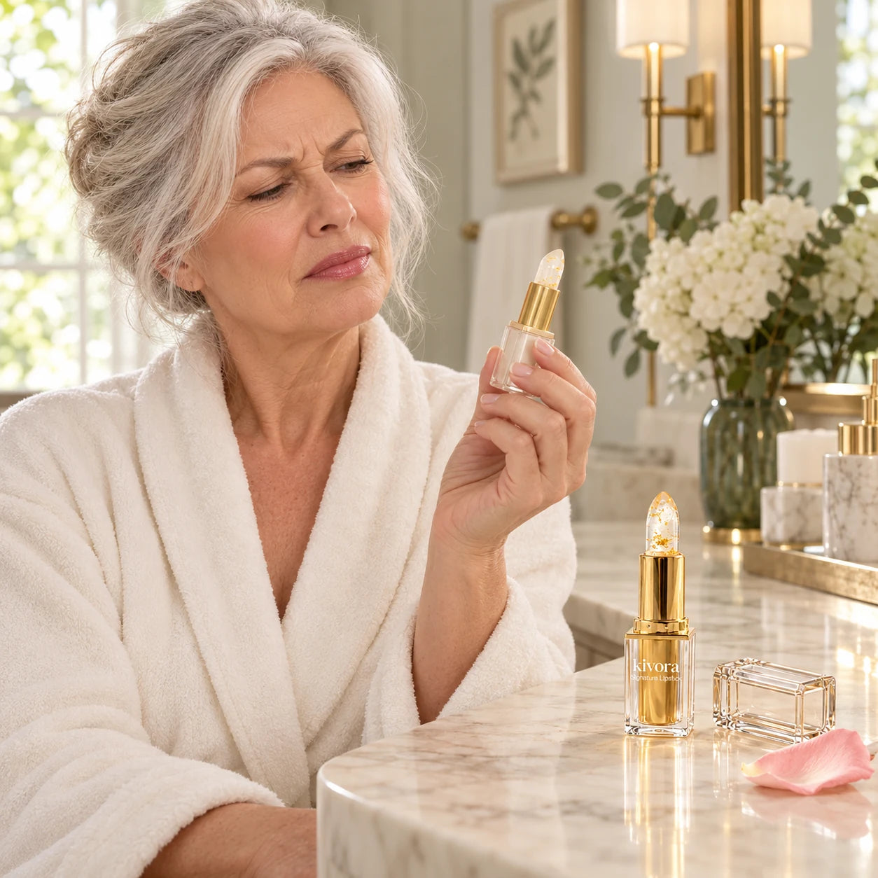 A woman holding the knockoff away from her nose