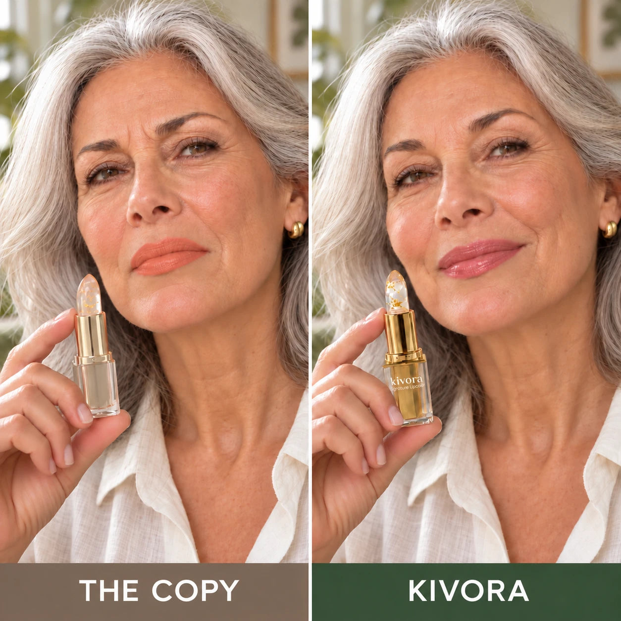 Side-by-side lipstick color comparison: coral-orange on the left and soft rose with Kivora on the right.