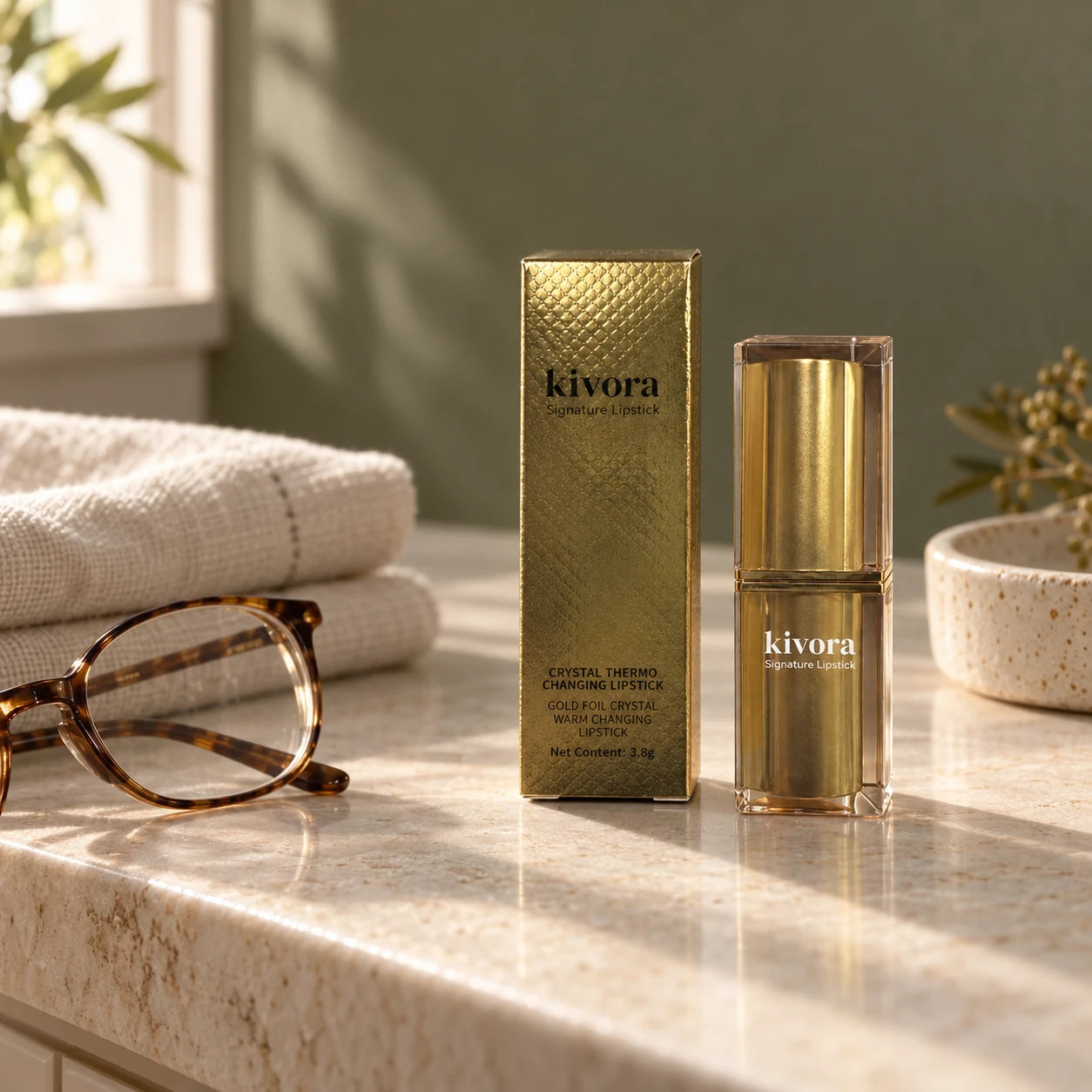 Kivora on a sunlit vanity beside a pair of glasses