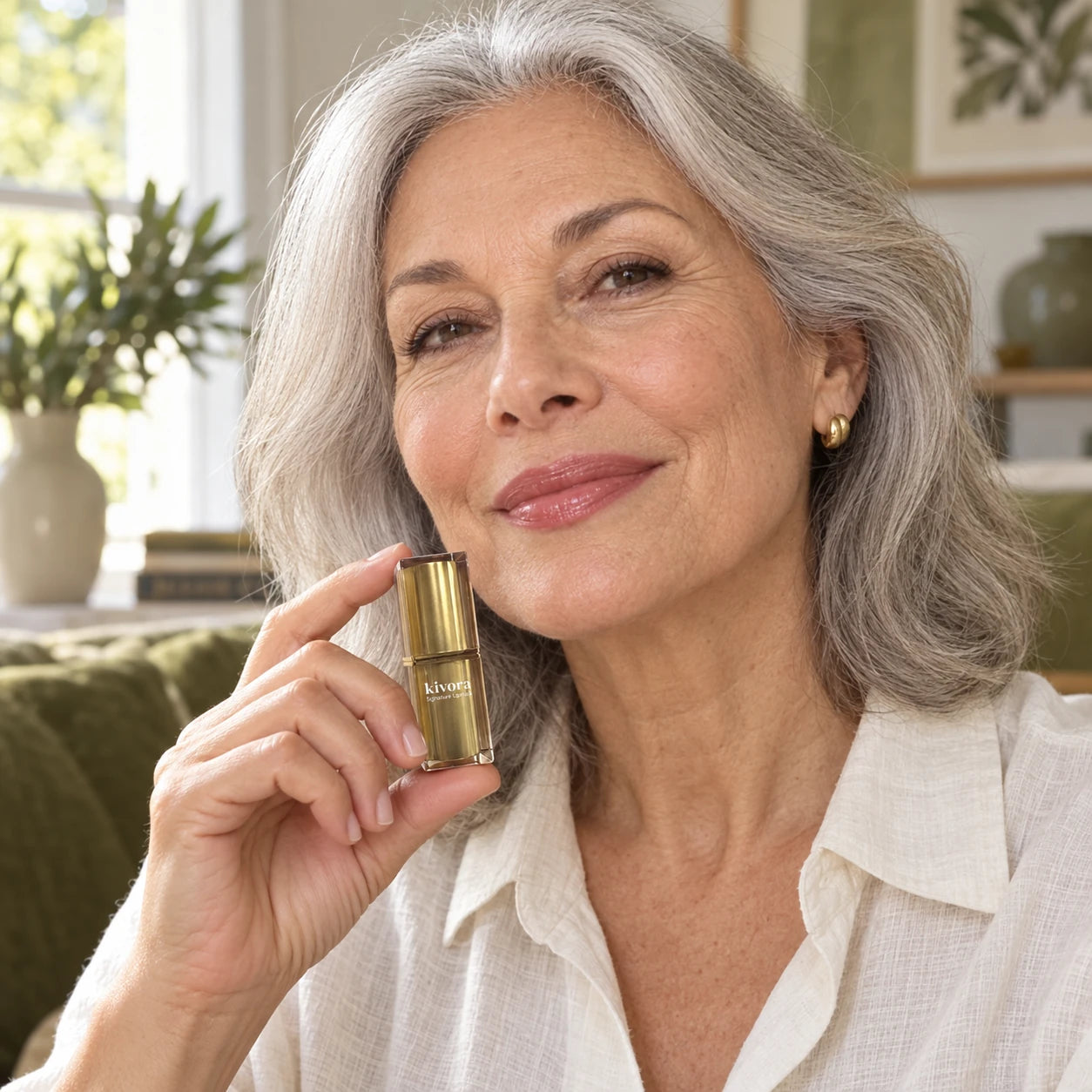 A silver-haired woman wearing a rosy lip tint holds Kivora
